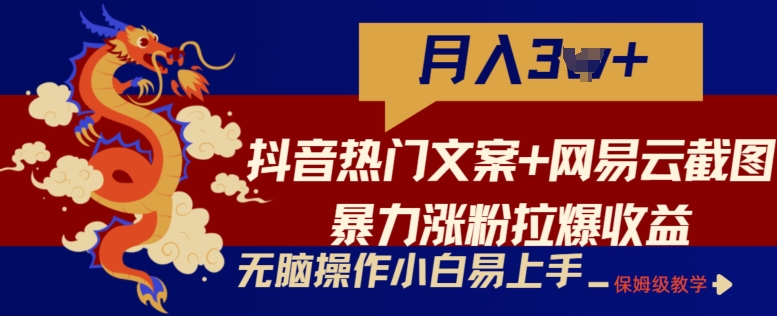 抖音热门文案+网易云截图暴力涨粉拉爆收益玩法，小白无脑操作，简单易上手【揭秘】-第一资源库