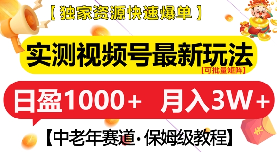 实测视频号最新玩法,中老年赛道,独家资源,月入过W+【揭秘】-第一资源库