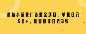 微信小游戏广告掘金项目，单机日入50+，批量操作日入3张-第一资源库