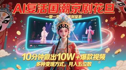 AI复活国潮京剧花旦,一颦一笑美到窒息,10分钟做出10W+爆款视频,多种变现方式,月入五位数-第一资源库