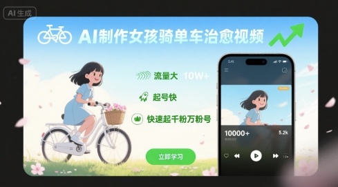 AI制作女孩骑单车治愈视频,流量大,起号快,快速起千粉万粉号-第一资源库