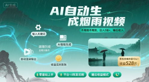 不用拍不用剪!AI自动生成烟雨视频,日入5张+,睡后收入-第一资源库