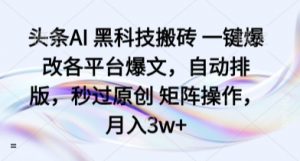 头条AI 黑科技搬砖 一键爆改各平台爆文，自动排版，秒过原创 矩阵操作，月入3w+【揭秘】-第一资源库