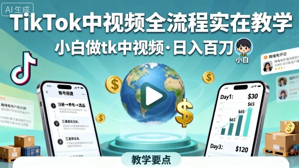 TikTok中视频全流程实操教学,小白做tk中视频,日入百刀-第一资源库