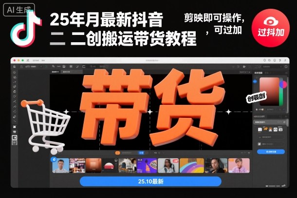 25年10月最新抖音二创搬运带货教程，剪映即可操作，可过抖加-第一资源库