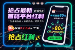抢占最新首码平台红利，每个广告保底0.2-0.4，单机日撸80米，矩阵操作月入1W【揭秘】-第一资源库